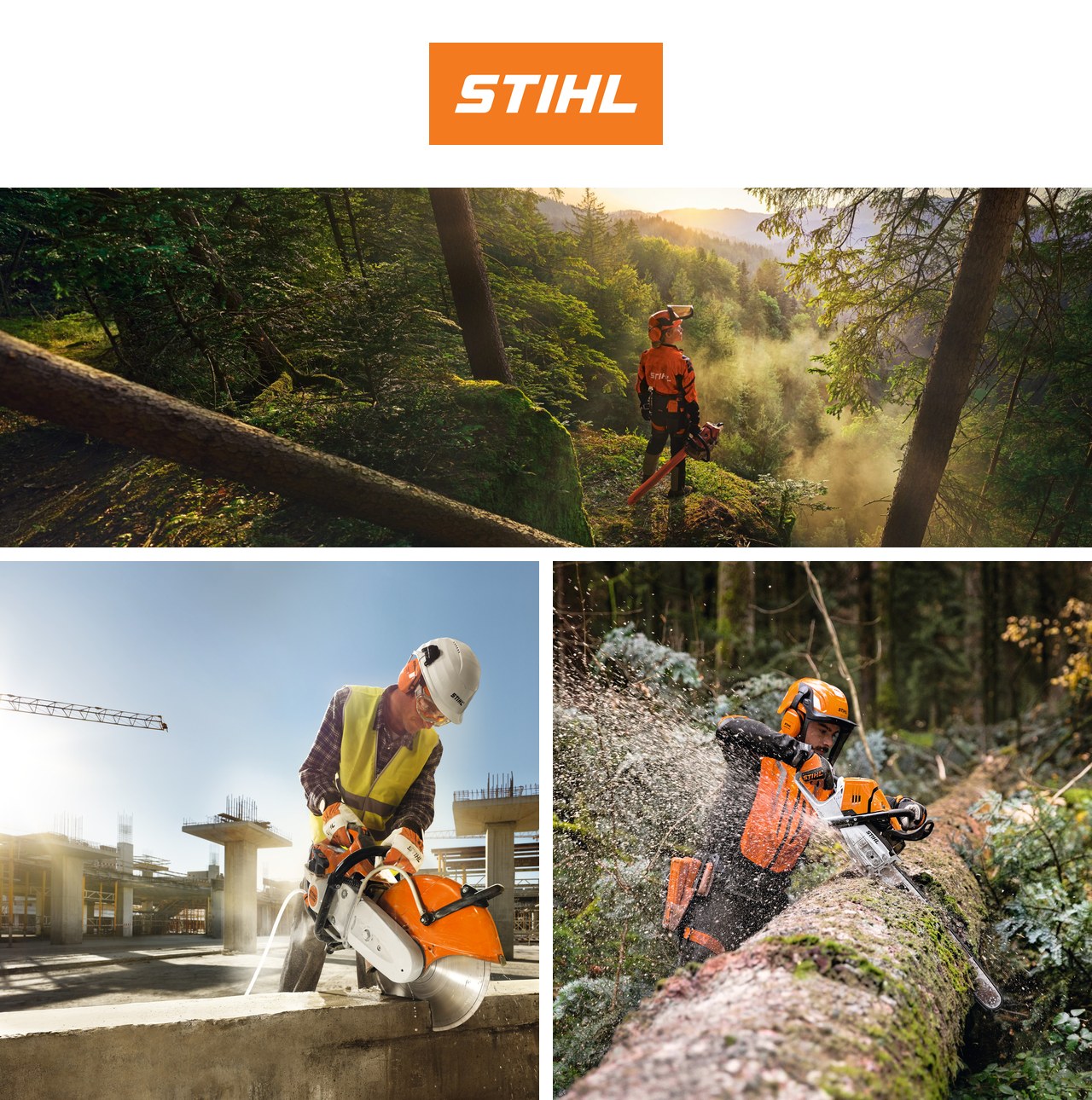 Équipements professionnels STIHL — travaux forestiers, scie à béton TS 500i et tronçonneuse MS 500i en action